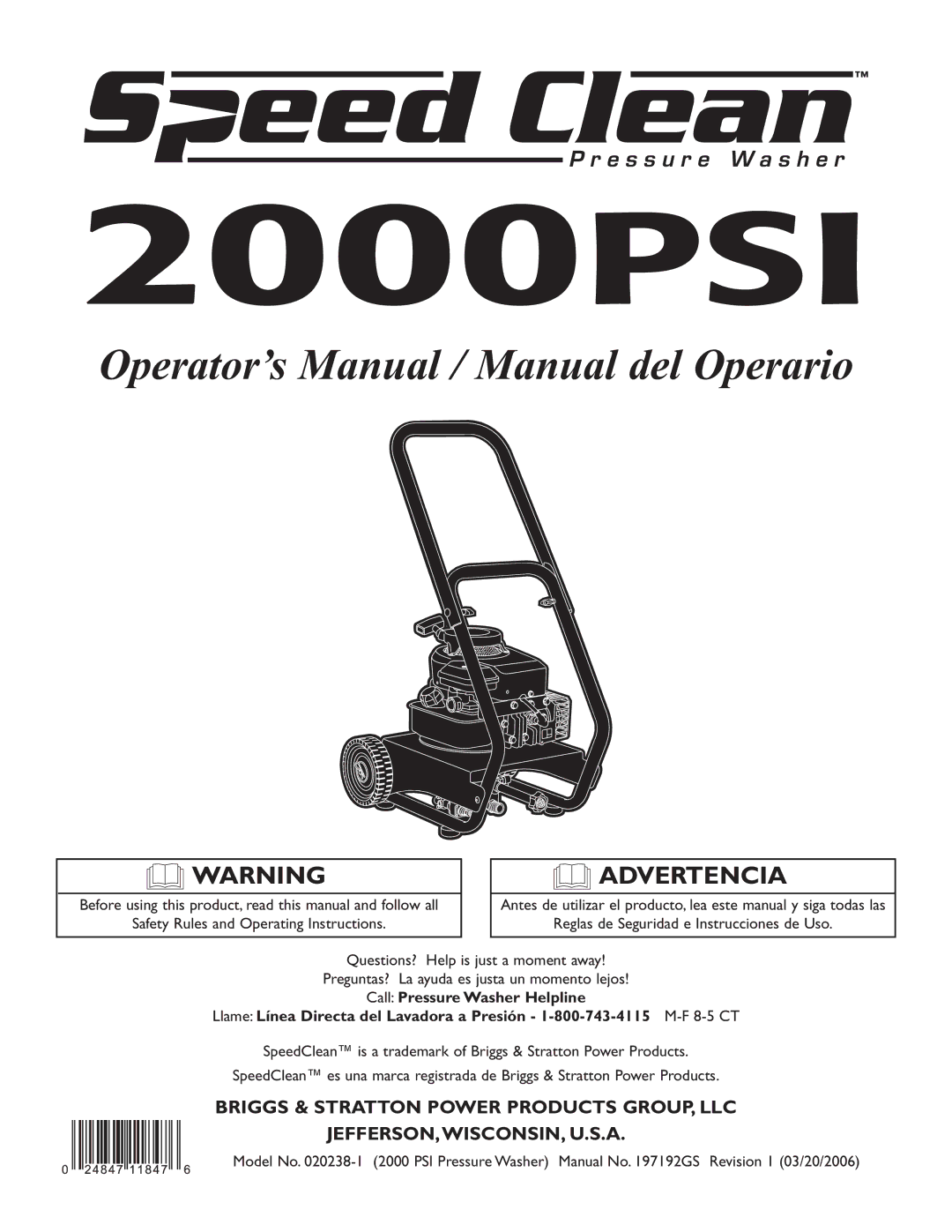 Briggs & Stratton 020238-0 operating instructions 2000PSI 