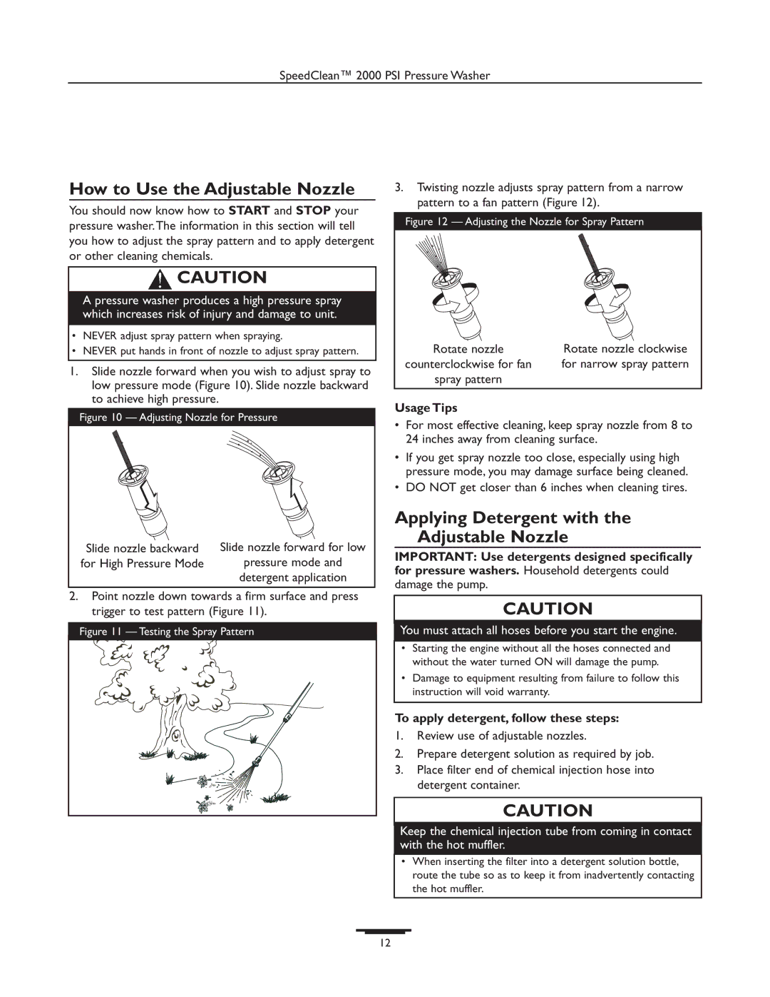 Briggs & Stratton 020238-0 How to Use the Adjustable Nozzle, Applying Detergent with the Adjustable Nozzle, Usage Tips 