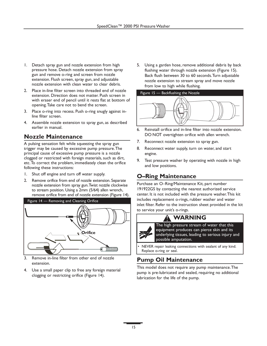 Briggs & Stratton 020238-0 operating instructions Nozzle Maintenance, Ring Maintenance, Pump Oil Maintenance, Orifice 