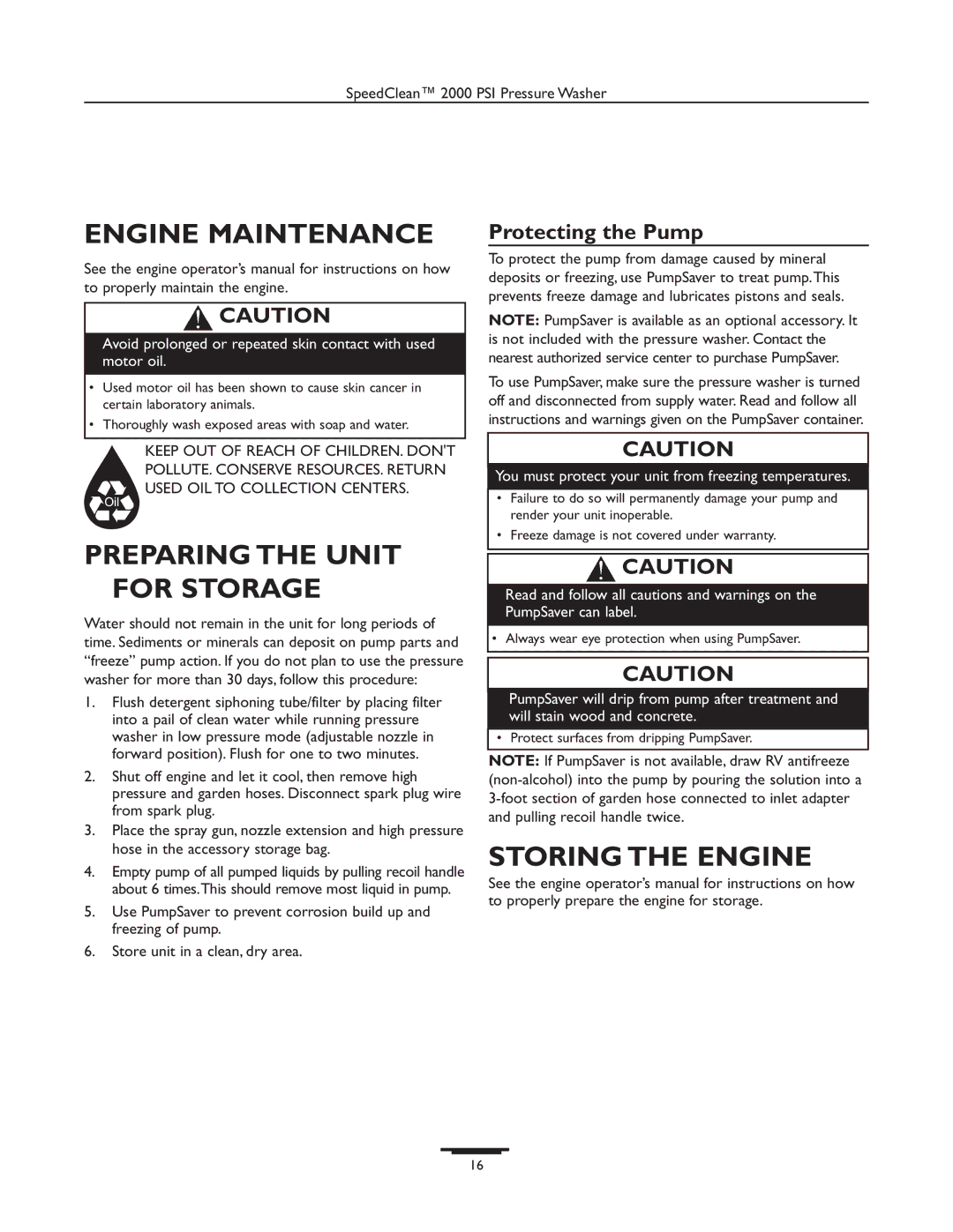 Briggs & Stratton 020238-0 Engine Maintenance, Preparing the Unit for Storage, Storing the Engine, Protecting the Pump 