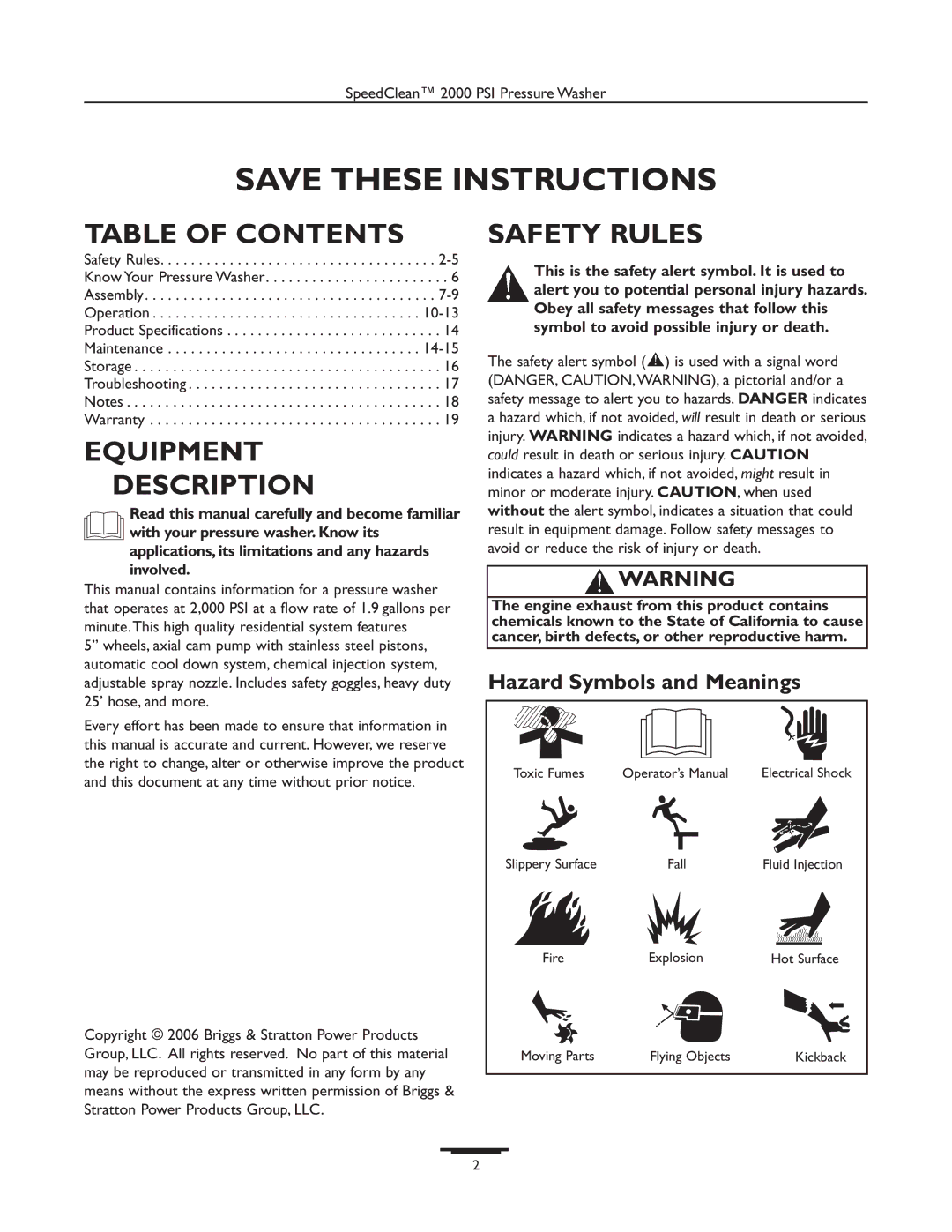 Briggs & Stratton 020238-0 operating instructions Table of Contents, Equipment Description, Safety Rules 