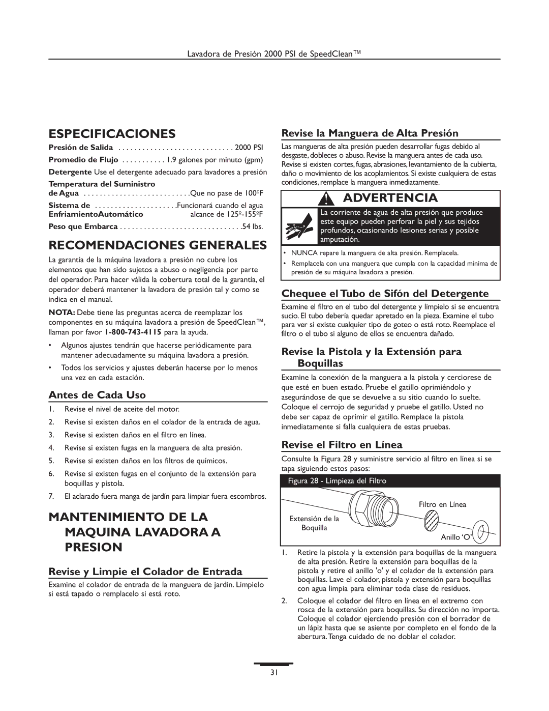 Briggs & Stratton 020238-0 Especificaciones, Recomendaciones Generales, Mantenimiento DE LA Maquina Lavadora a Presion 