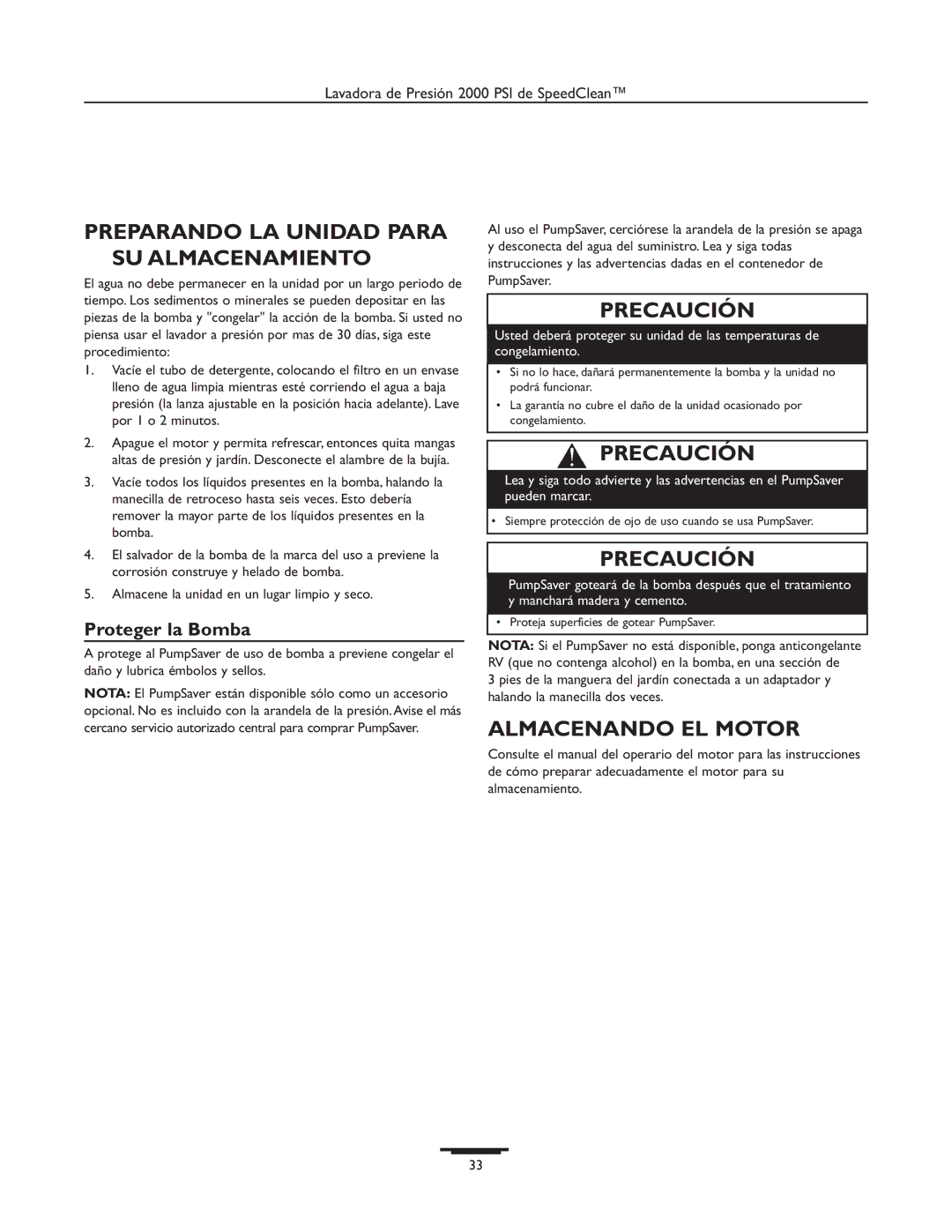 Briggs & Stratton 020238-0 Preparando LA Unidad Para SU Almacenamiento, Almacenando EL Motor, Proteger la Bomba 