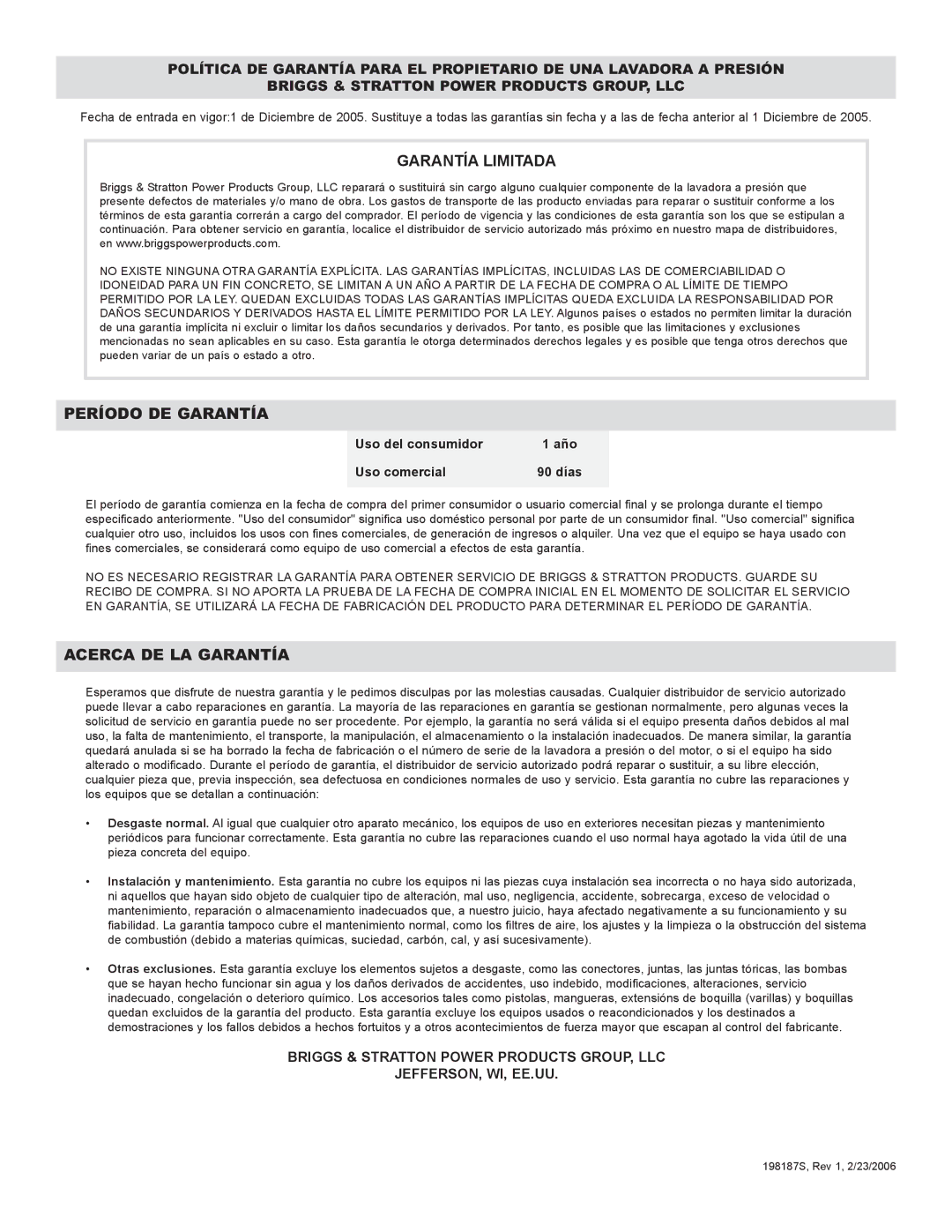 Briggs & Stratton 020238-0 operating instructions Garantía Limitada 