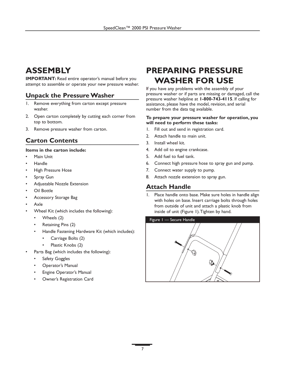 Briggs & Stratton 020238-0 Assembly, Preparing Pressure Washer for USE, Unpack the Pressure Washer, Carton Contents 