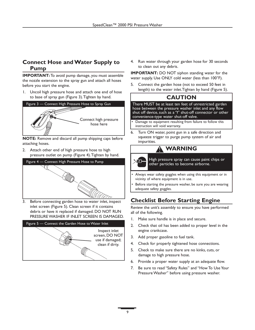 Briggs & Stratton 020238-0 operating instructions Connect Hose and Water Supply to Pump, Checklist Before Starting Engine 