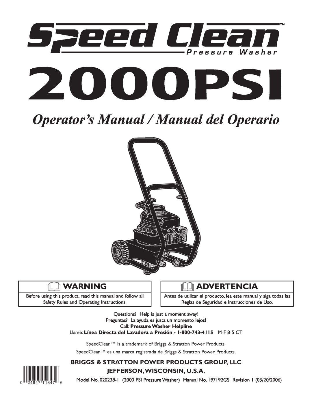Briggs & Stratton 020238-0 operating instructions Briggs & Stratton Power Products Group, Llc, Jefferson,Wisconsin, U.S.A 