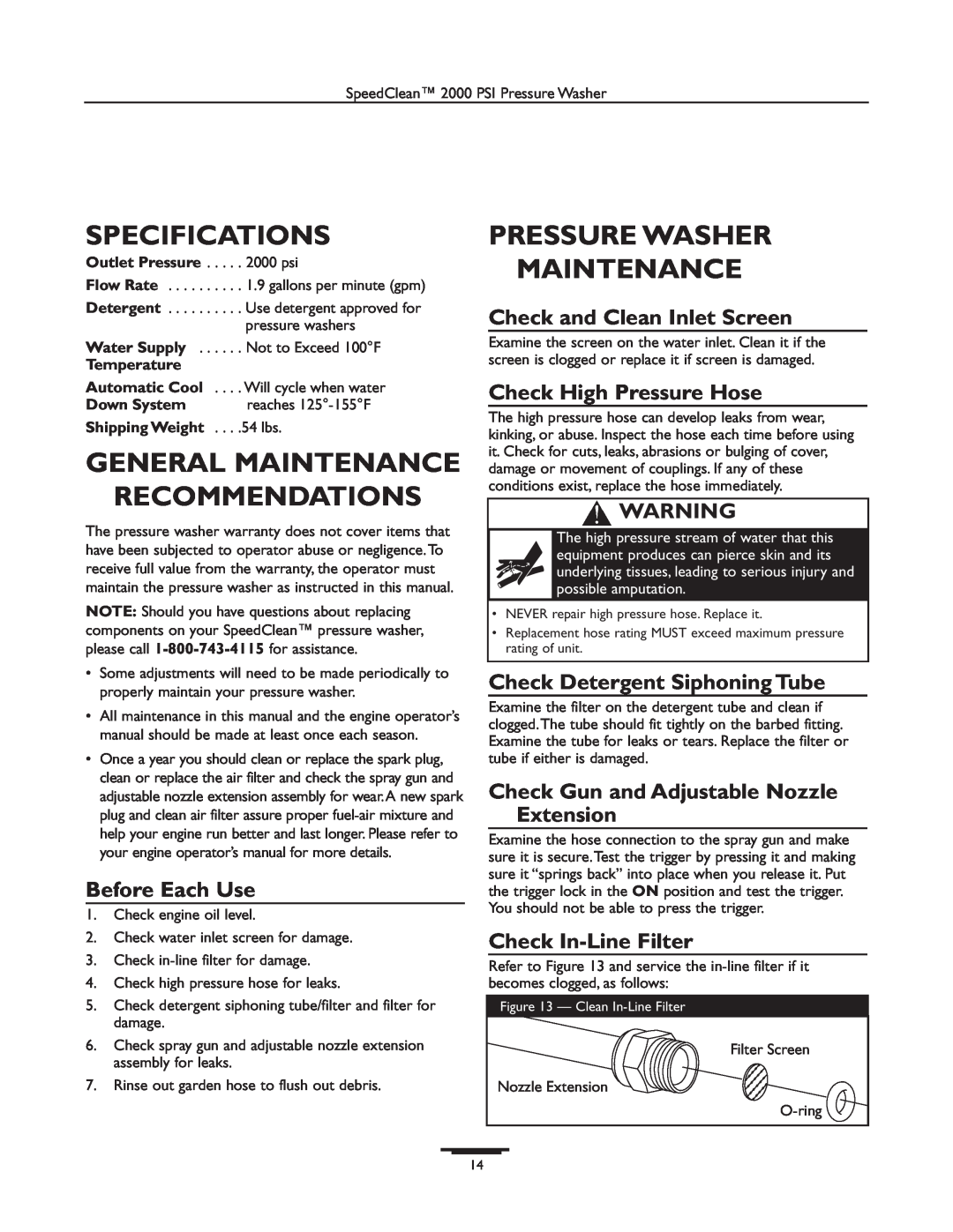 Briggs & Stratton 020238-0 Specifications, General Maintenance Recommendations, Pressure Washer Maintenance, Temperature 