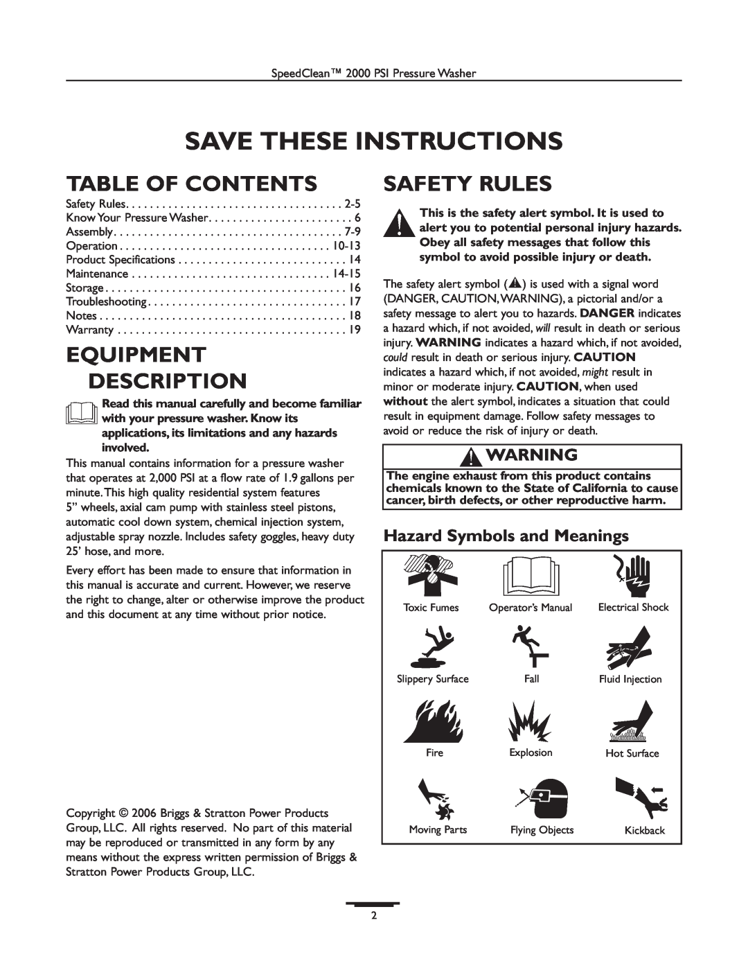 Briggs & Stratton 020238-0 Table Of Contents, Equipment Description, Safety Rules, Hazard Symbols and Meanings 