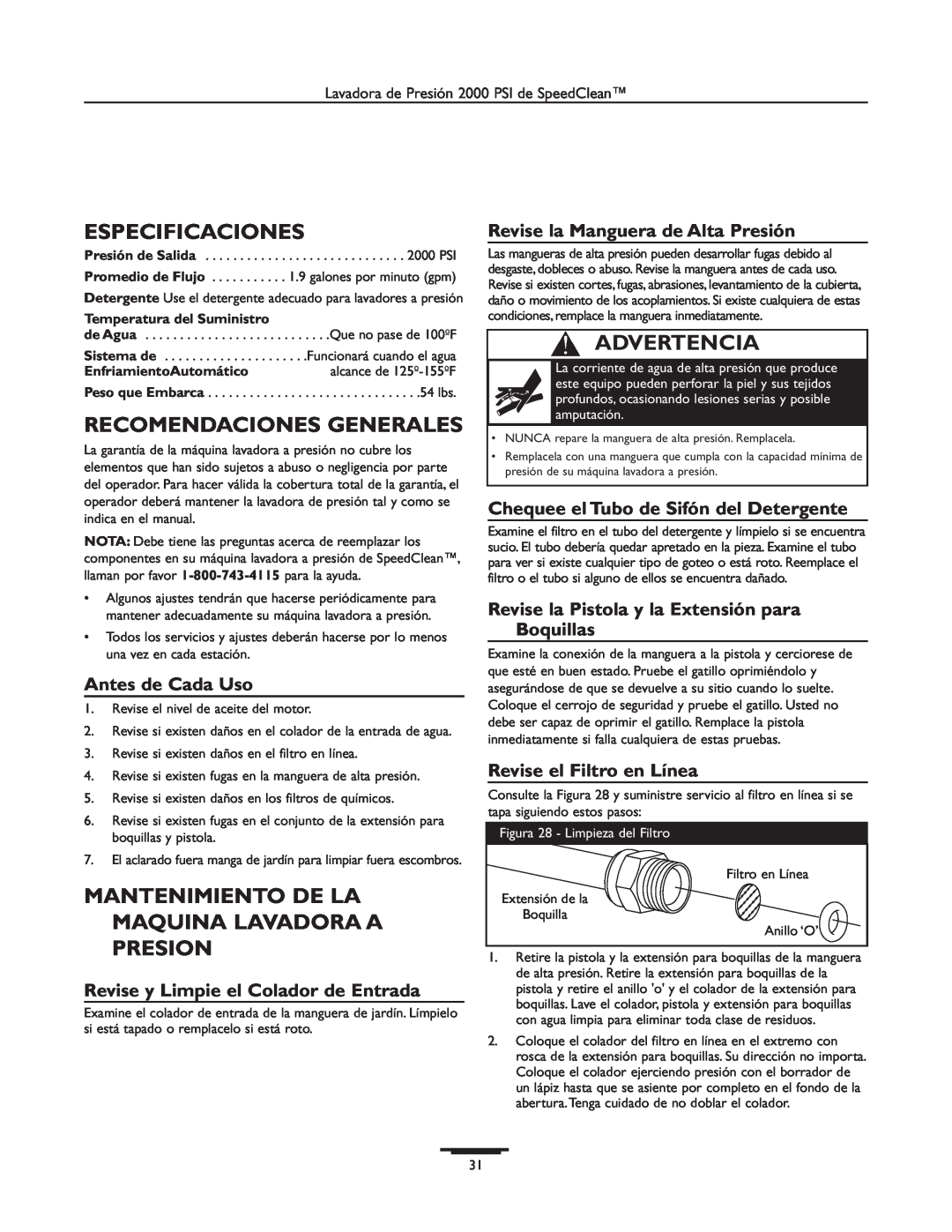 Briggs & Stratton 020238-0 Especificaciones, Recomendaciones Generales, Mantenimiento De La Maquina Lavadora A Presion 