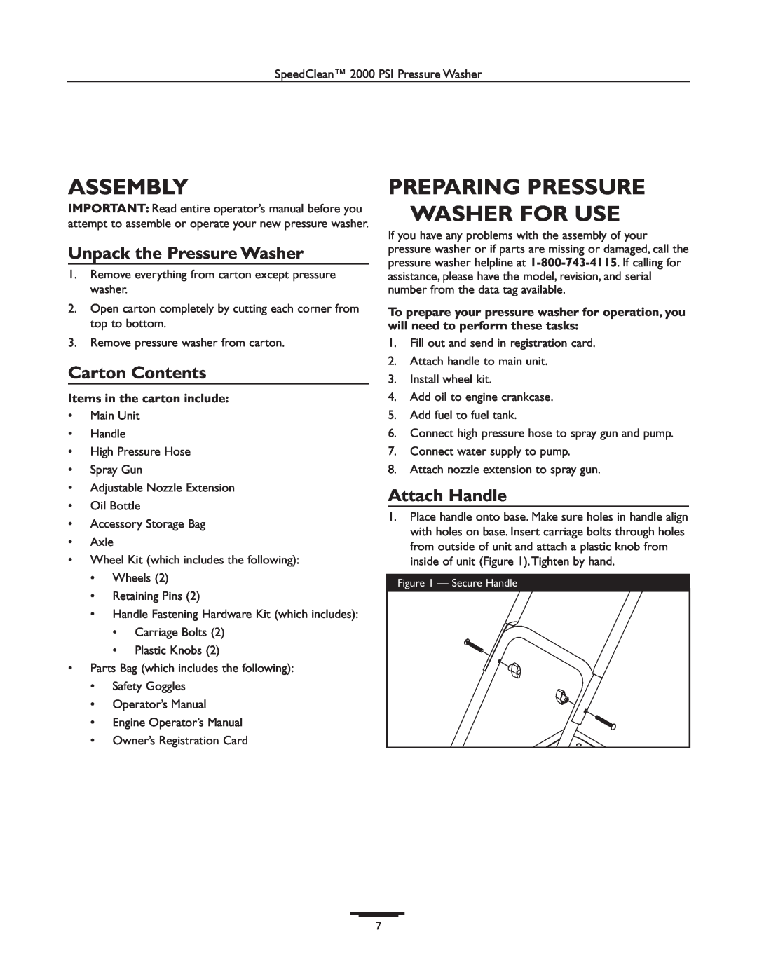 Briggs & Stratton 020238-0 Assembly, Preparing Pressure Washer For Use, Unpack the Pressure Washer, Carton Contents 