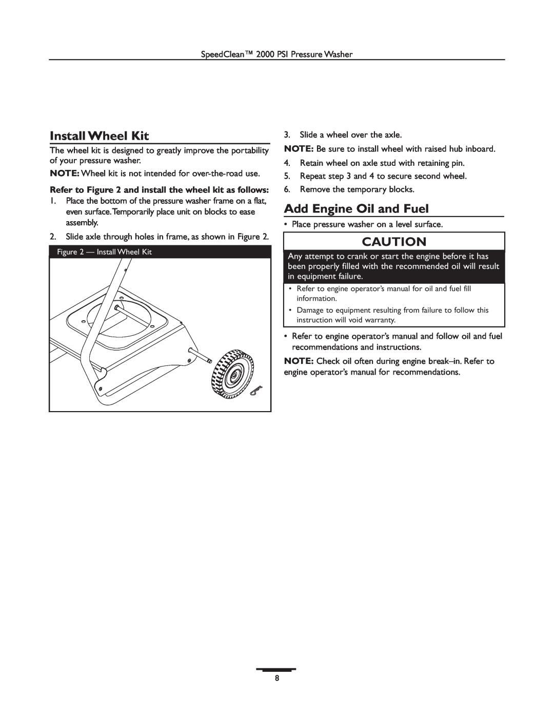 Briggs & Stratton 020238-0 operating instructions Install Wheel Kit, Add Engine Oil and Fuel 
