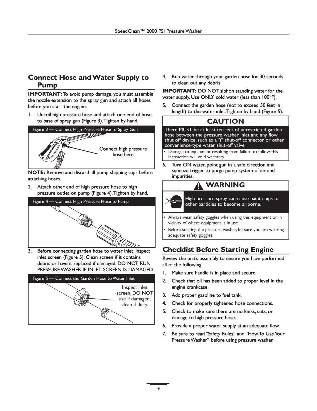 Briggs & Stratton 020238-0 operating instructions Connect Hose and Water Supply to Pump, Checklist Before Starting Engine 