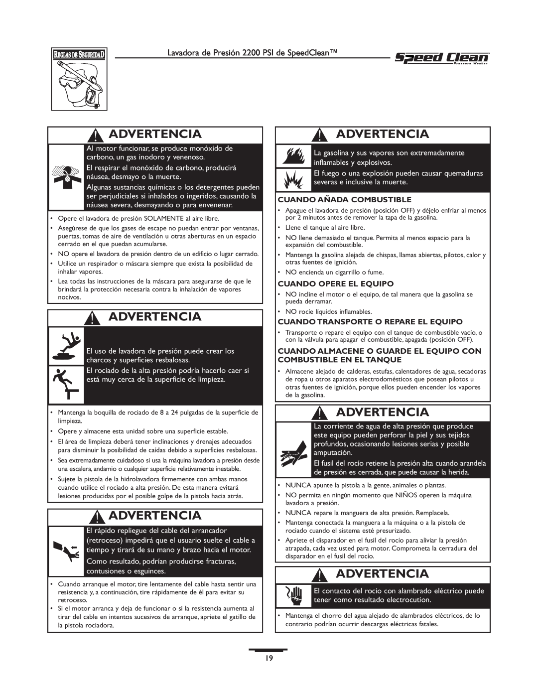 Briggs & Stratton 020239-0 owner manual Advertencia, Cuando Añada Combustible, Cuando Opere El Equipo 