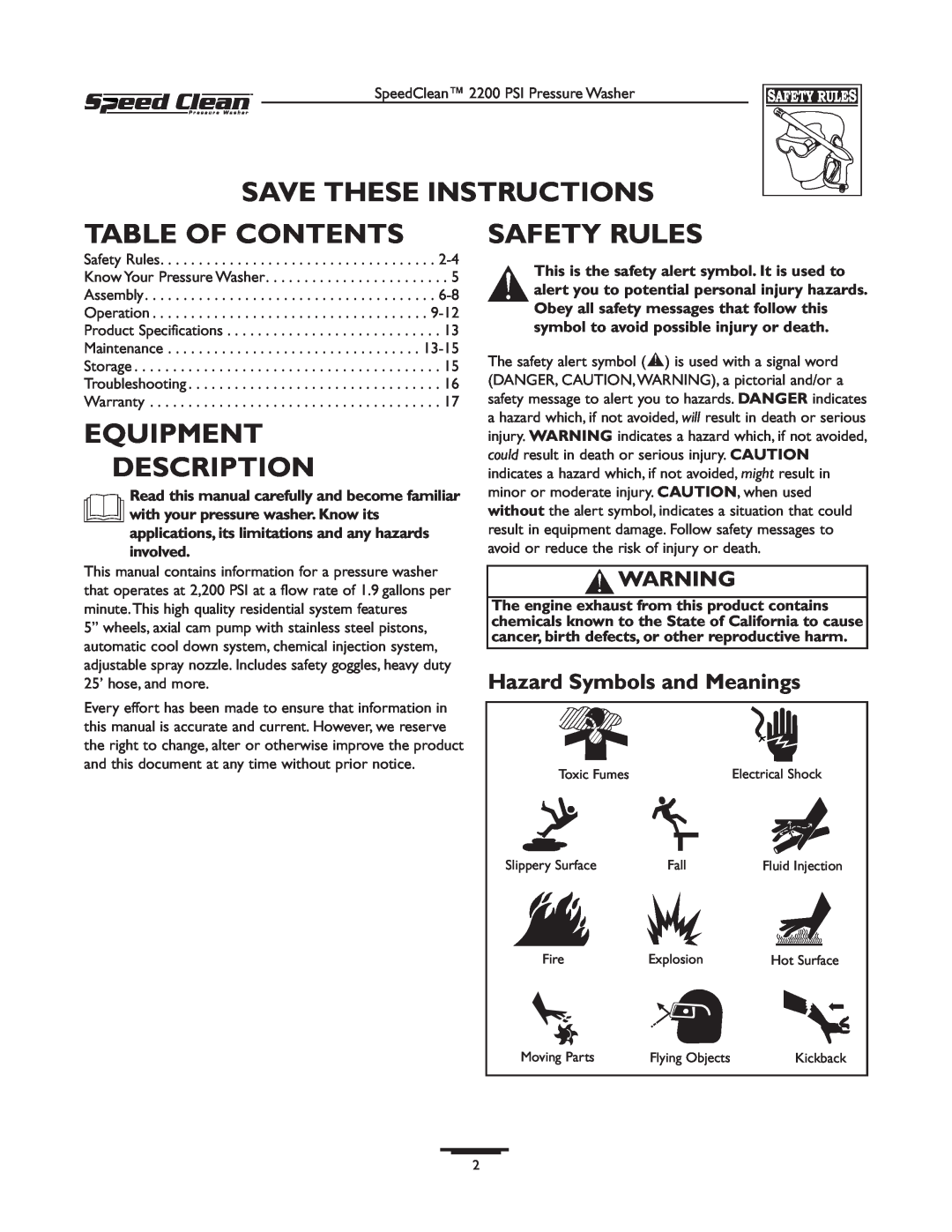 Briggs & Stratton 020239-0 owner manual Save These Instructions, Table Of Contents, Equipment Description, Safety Rules 