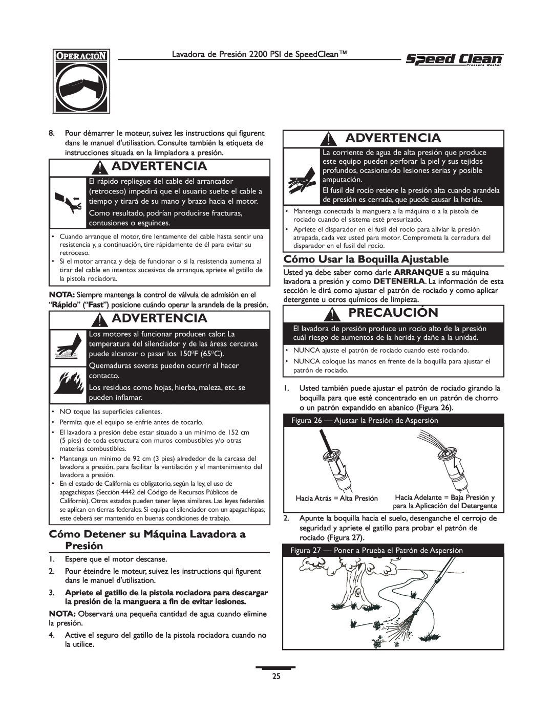 Briggs & Stratton 020239-0 Cómo Detener su Máquina Lavadora a Presión, Cómo Usar la Boquilla Ajustable, Advertencia 