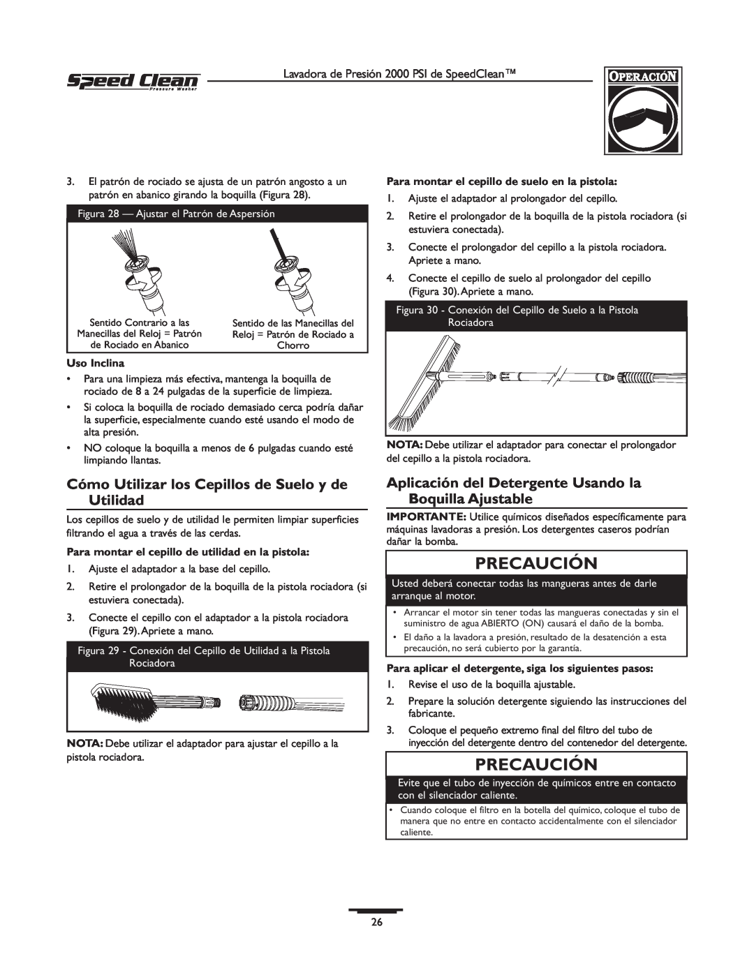 Briggs & Stratton 020239-0 owner manual Cómo Utilizar los Cepillos de Suelo y de Utilidad, Precaución, Uso Inclina 
