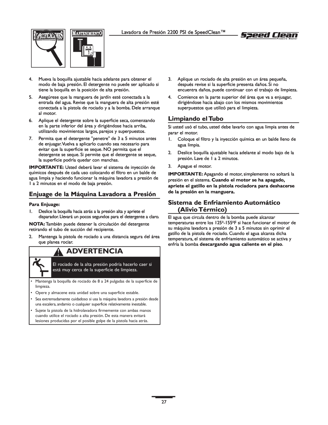 Briggs & Stratton 020239-0 Enjuage de la Máquina Lavadora a Presión, Limpiando el Tubo, Advertencia, Para Enjuage 