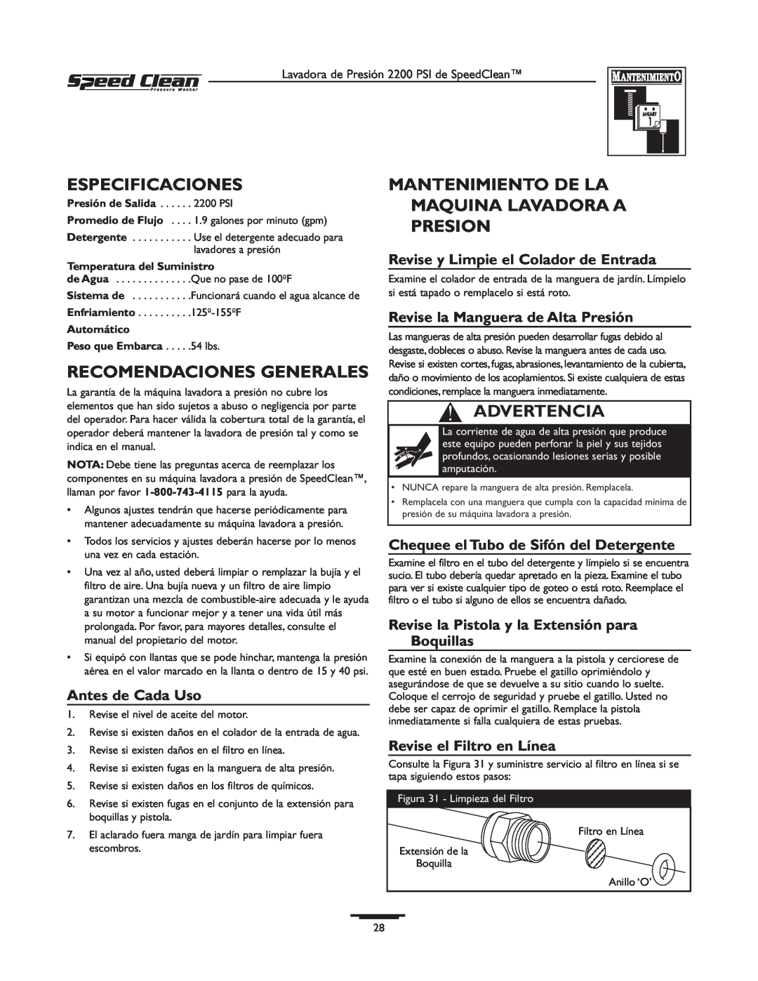 Briggs & Stratton 020239-0 Especificaciones, Recomendaciones Generales, Mantenimiento De La Maquina Lavadora A Presion 