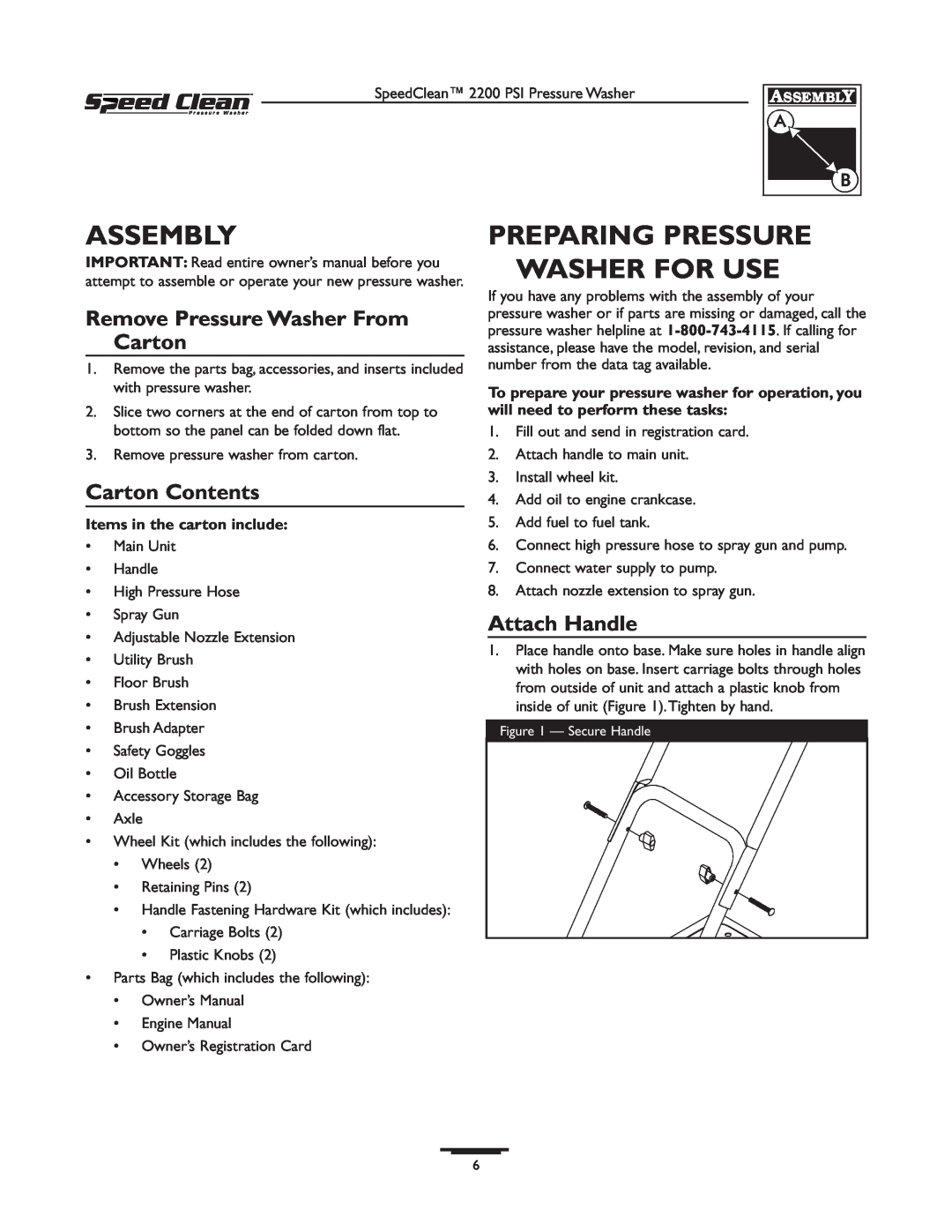 Briggs & Stratton 020239-0 Assembly, Preparing Pressure Washer For Use, Remove Pressure Washer From Carton, Attach Handle 