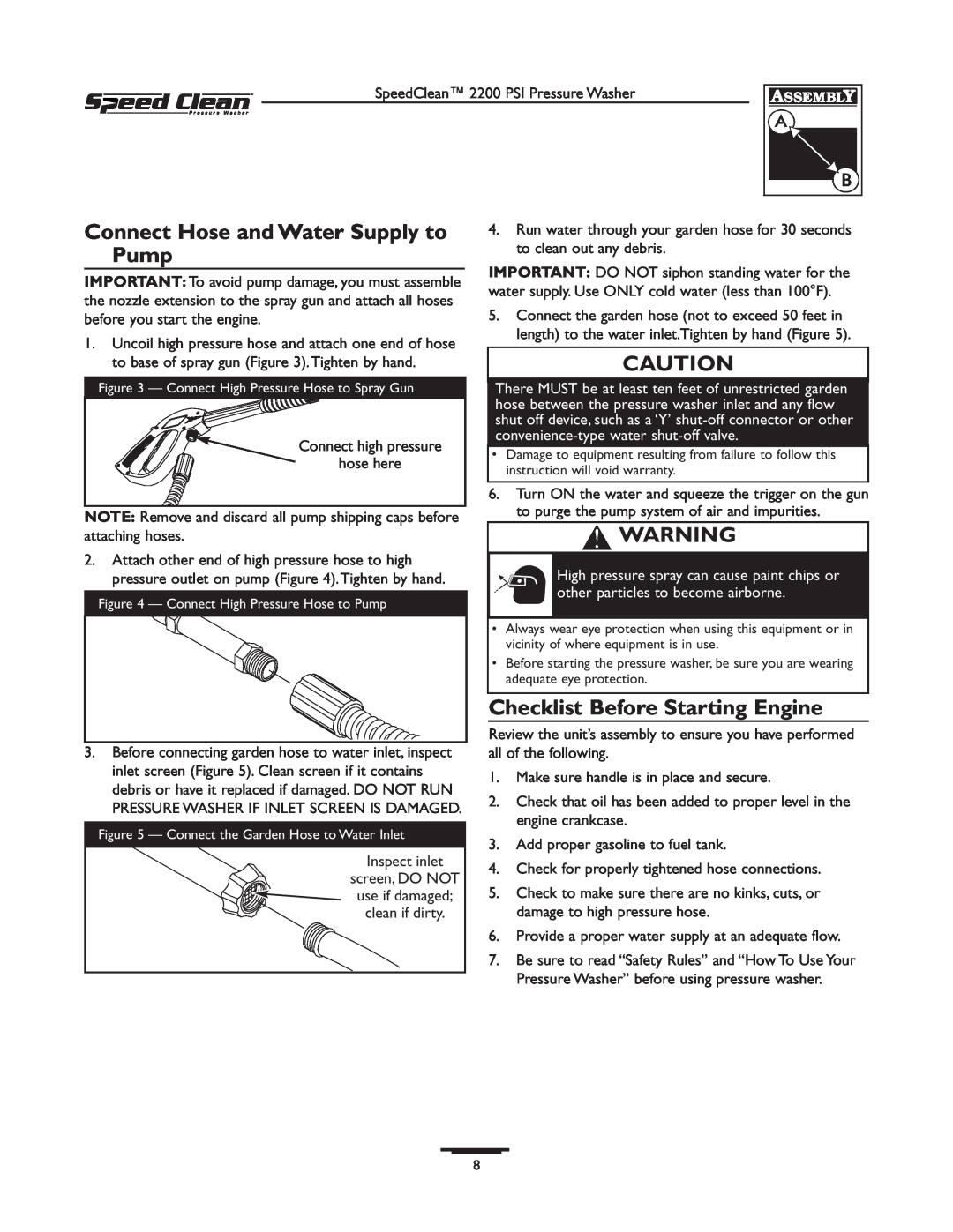 Briggs & Stratton 020239-0 owner manual Connect Hose and Water Supply to Pump, Checklist Before Starting Engine 