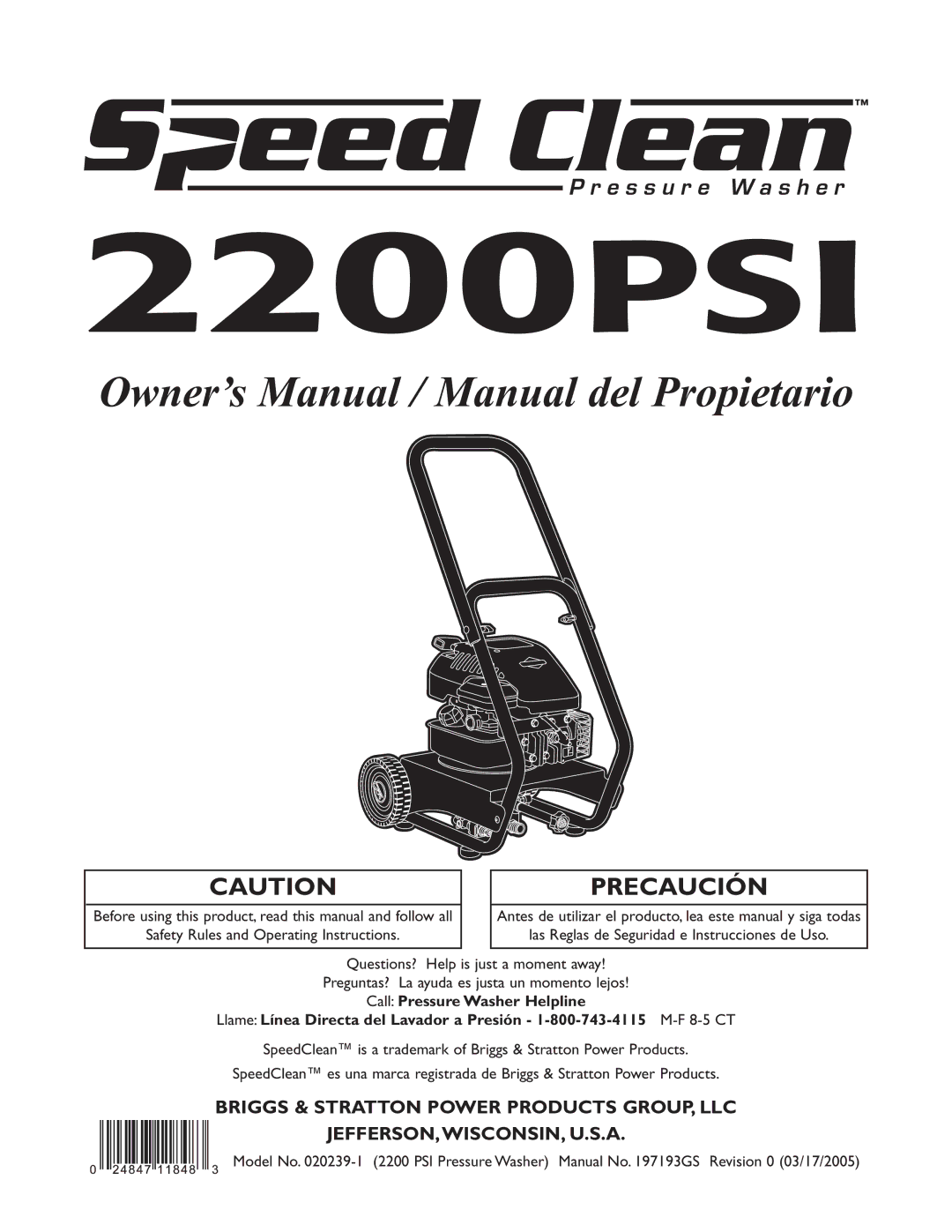 Briggs & Stratton 020239-1 owner manual 2200PSI 