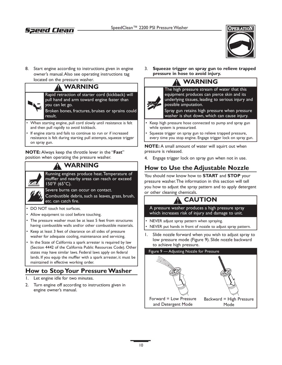 Briggs & Stratton 020239-1 How to Stop Your Pressure Washer, How to Use the Adjustable Nozzle, Forward = Low Pressure 