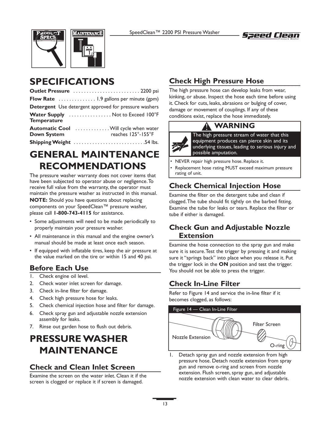 Briggs & Stratton 020239-1 owner manual Specifications, General Maintenance Recommendations, Pressure Washer Maintenance 