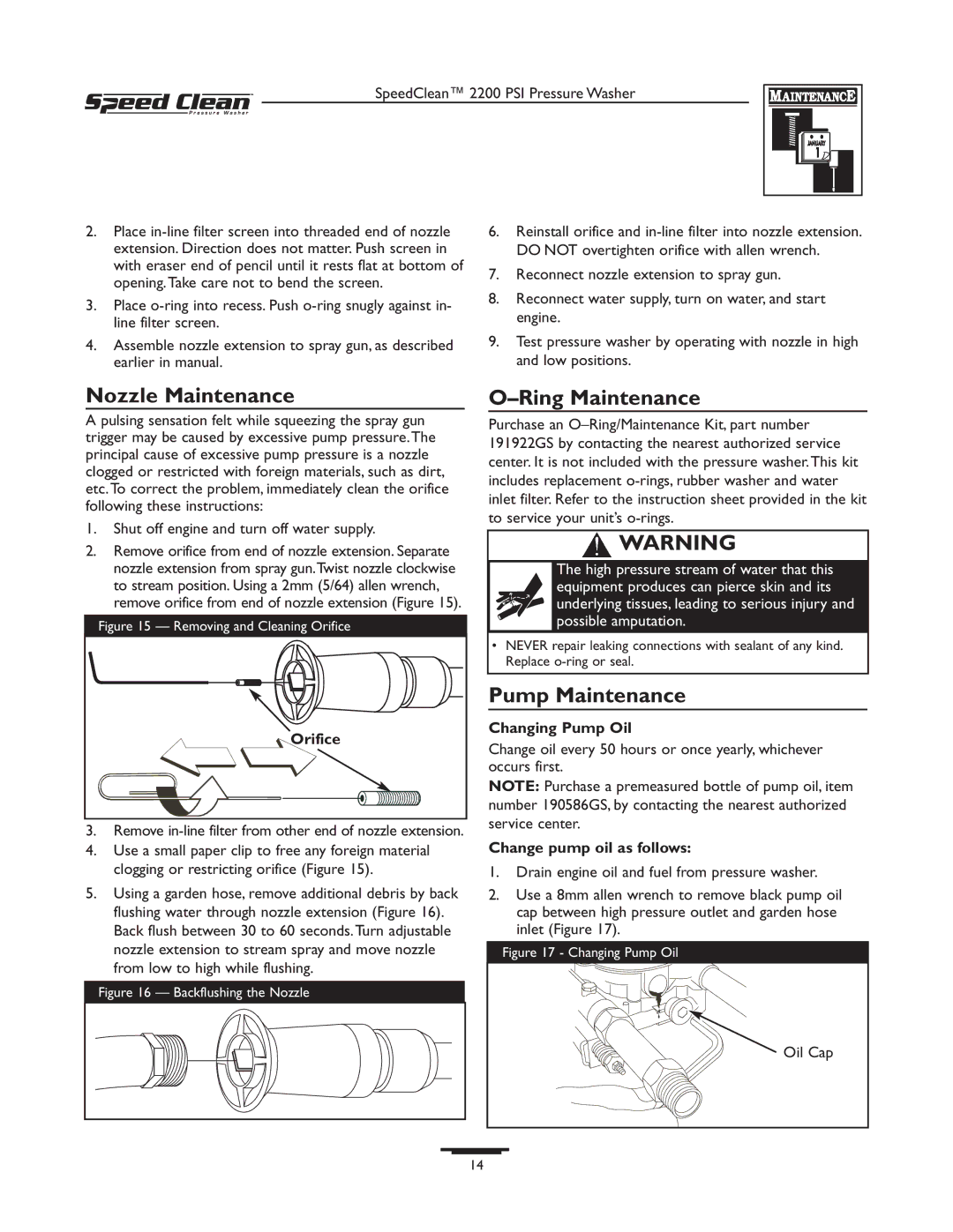 Briggs & Stratton 020239-1 owner manual Nozzle Maintenance, Ring Maintenance, Pump Maintenance 