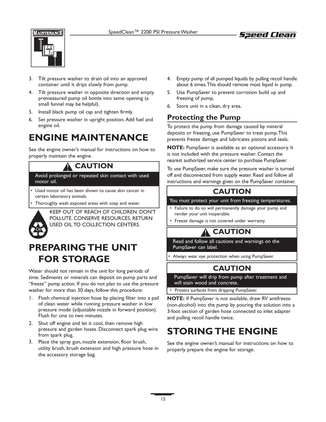 Briggs & Stratton 020239-1 Engine Maintenance, Preparing the Unit for Storage, Storing the Engine, Protecting the Pump 