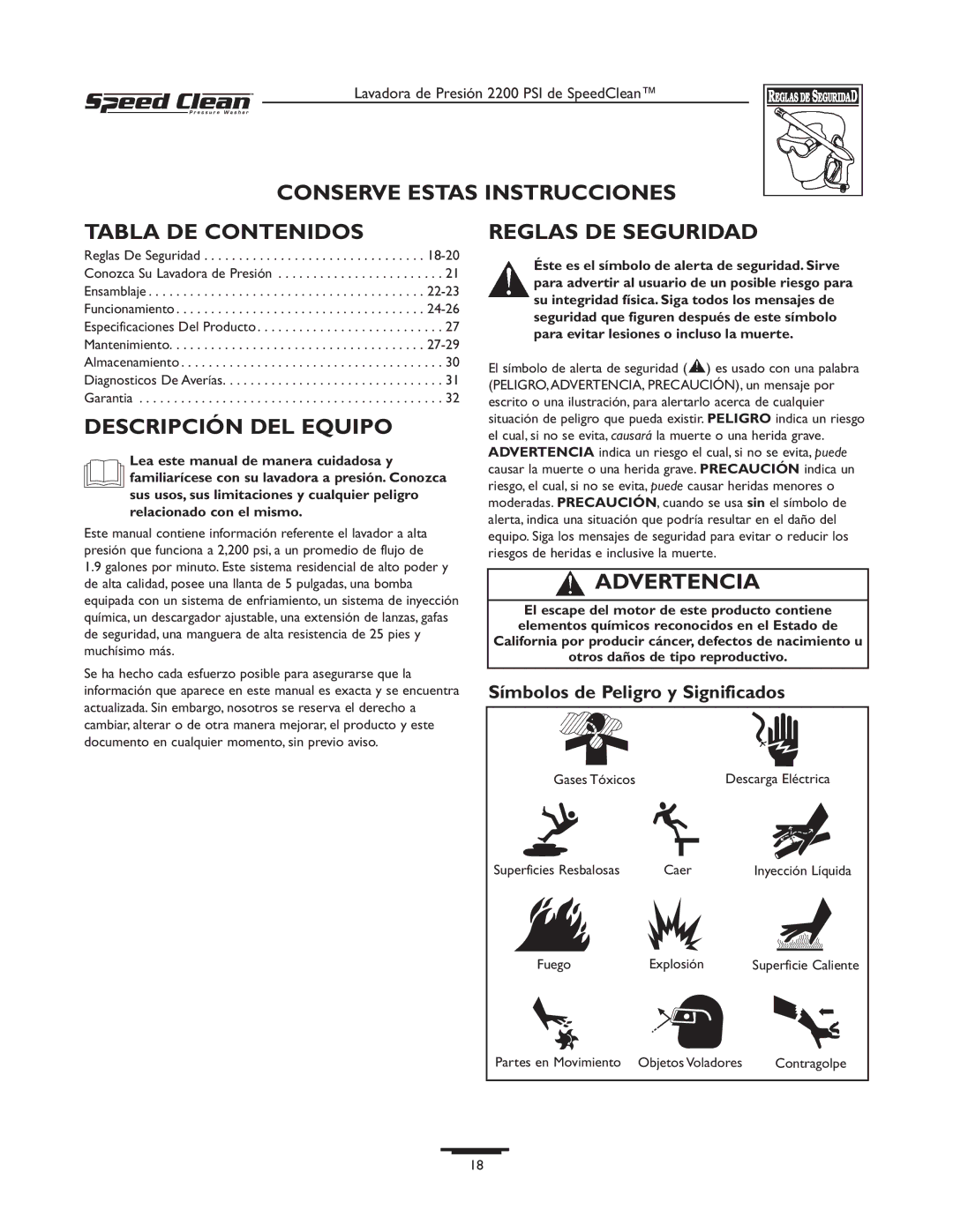 Briggs & Stratton 020239-1 Conserve Estas Instrucciones Tabla DE Contenidos, Descripción DEL Equipo, Reglas DE Seguridad 