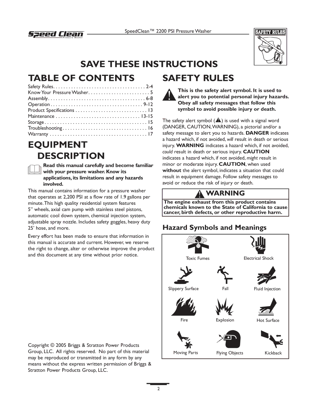 Briggs & Stratton 020239-1 owner manual Table of Contents, Equipment Description, Safety Rules 