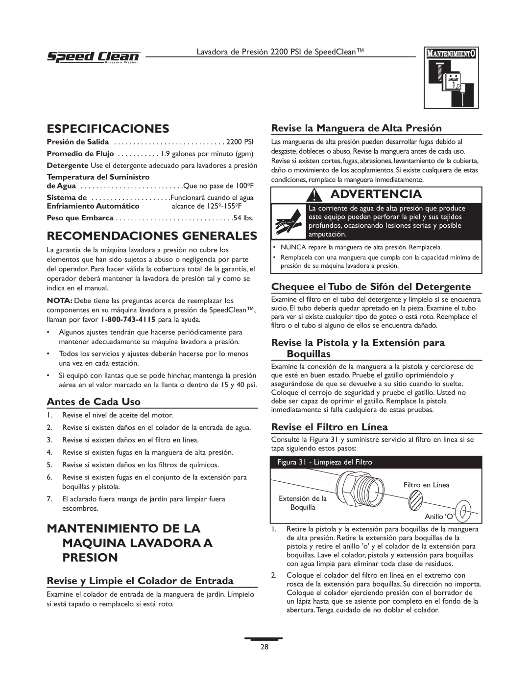 Briggs & Stratton 020239-1 Especificaciones, Recomendaciones Generales, Mantenimiento DE LA Maquina Lavadora a Presion 