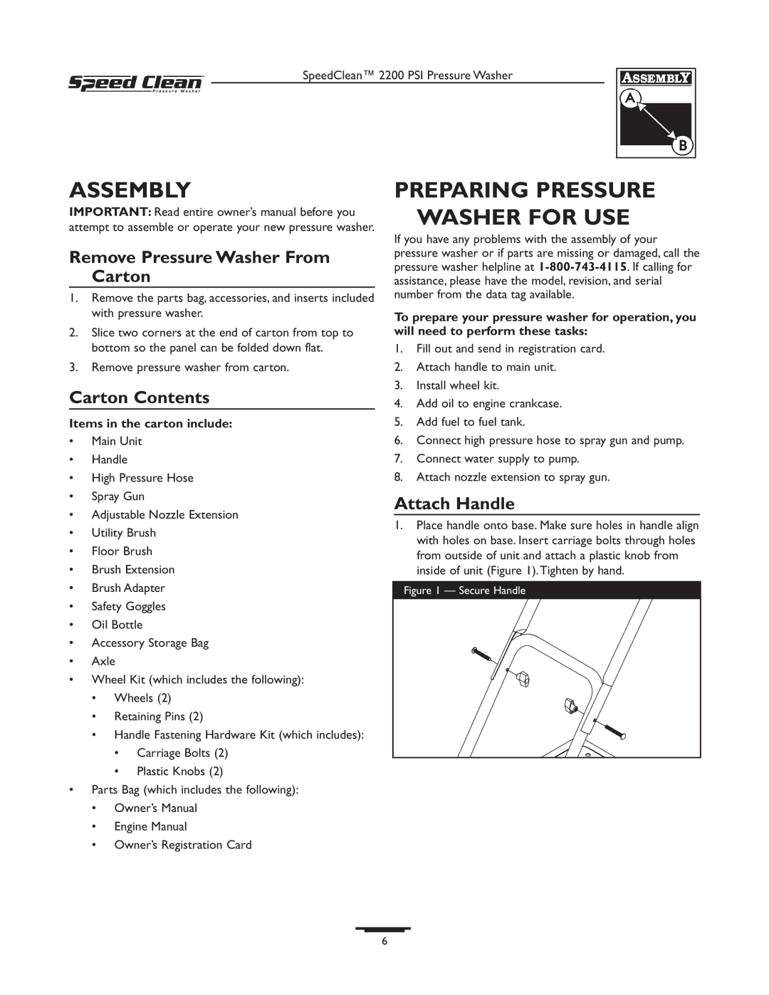 Briggs & Stratton 020239-1 Assembly, Preparing Pressure Washer for USE, Remove Pressure Washer From Carton, Attach Handle 