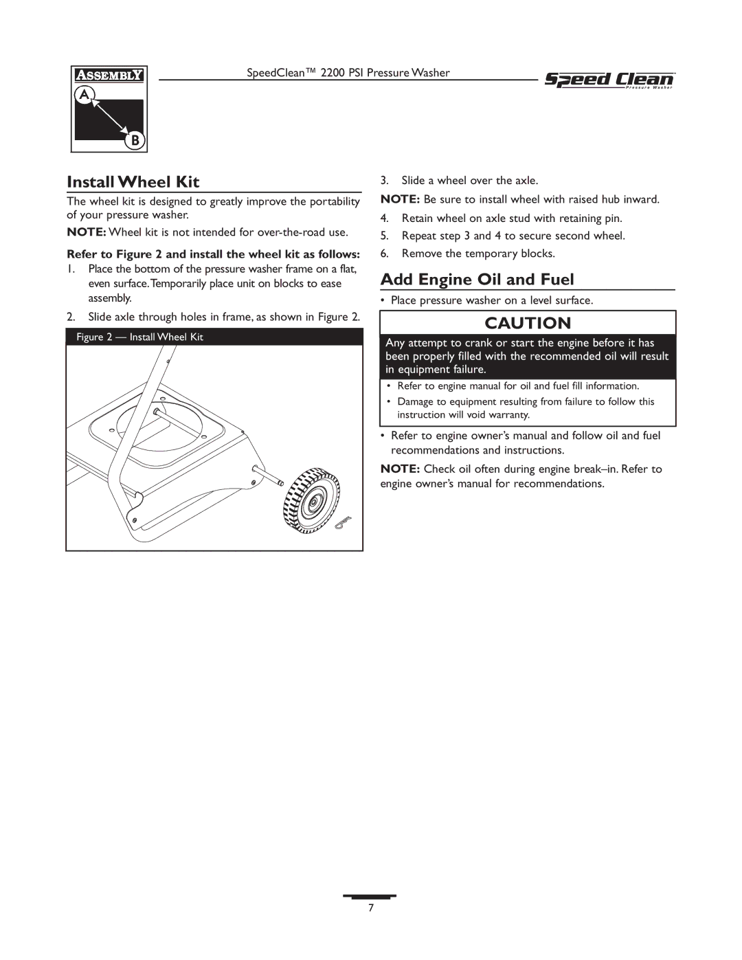 Briggs & Stratton 020239-1 Install Wheel Kit, Add Engine Oil and Fuel, Refer to and install the wheel kit as follows 