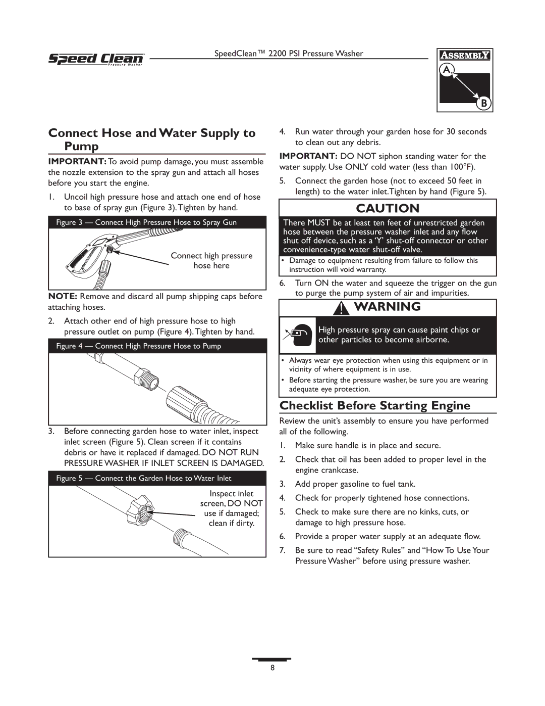 Briggs & Stratton 020239-1 owner manual Connect Hose and Water Supply to Pump, Checklist Before Starting Engine 