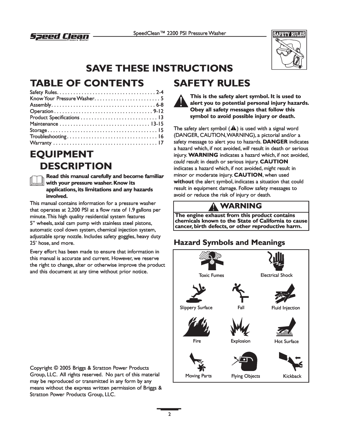 Briggs & Stratton 020239-1 owner manual Save These Instructions, Table Of Contents, Equipment Description, Safety Rules 