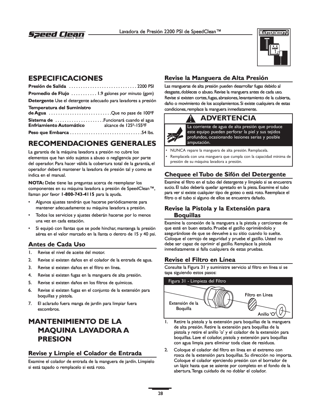 Briggs & Stratton 020239-1 Especificaciones, Recomendaciones Generales, Mantenimiento De La Maquina Lavadora A Presion 