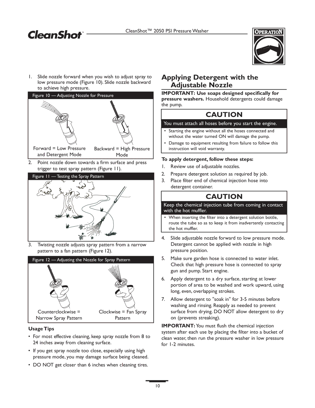 Briggs & Stratton 020244-0 Applying Detergent with the Adjustable Nozzle, To apply detergent, follow these steps 