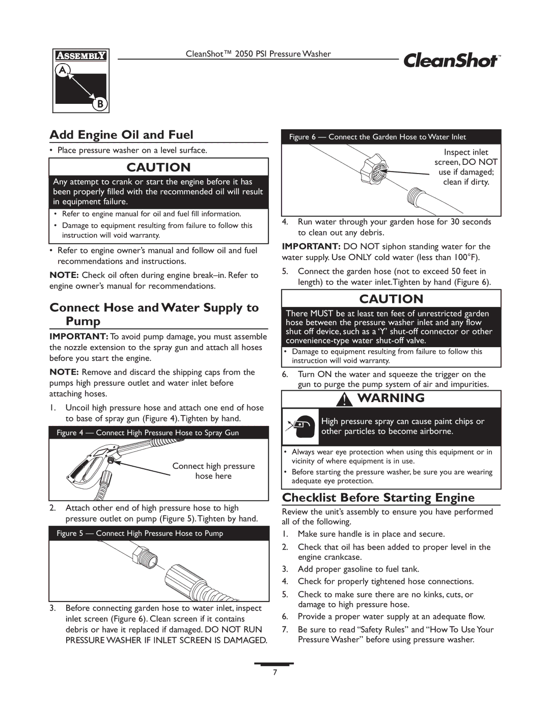 Briggs & Stratton 020244-0 owner manual Add Engine Oil and Fuel, Connect Hose and Water Supply to Pump 