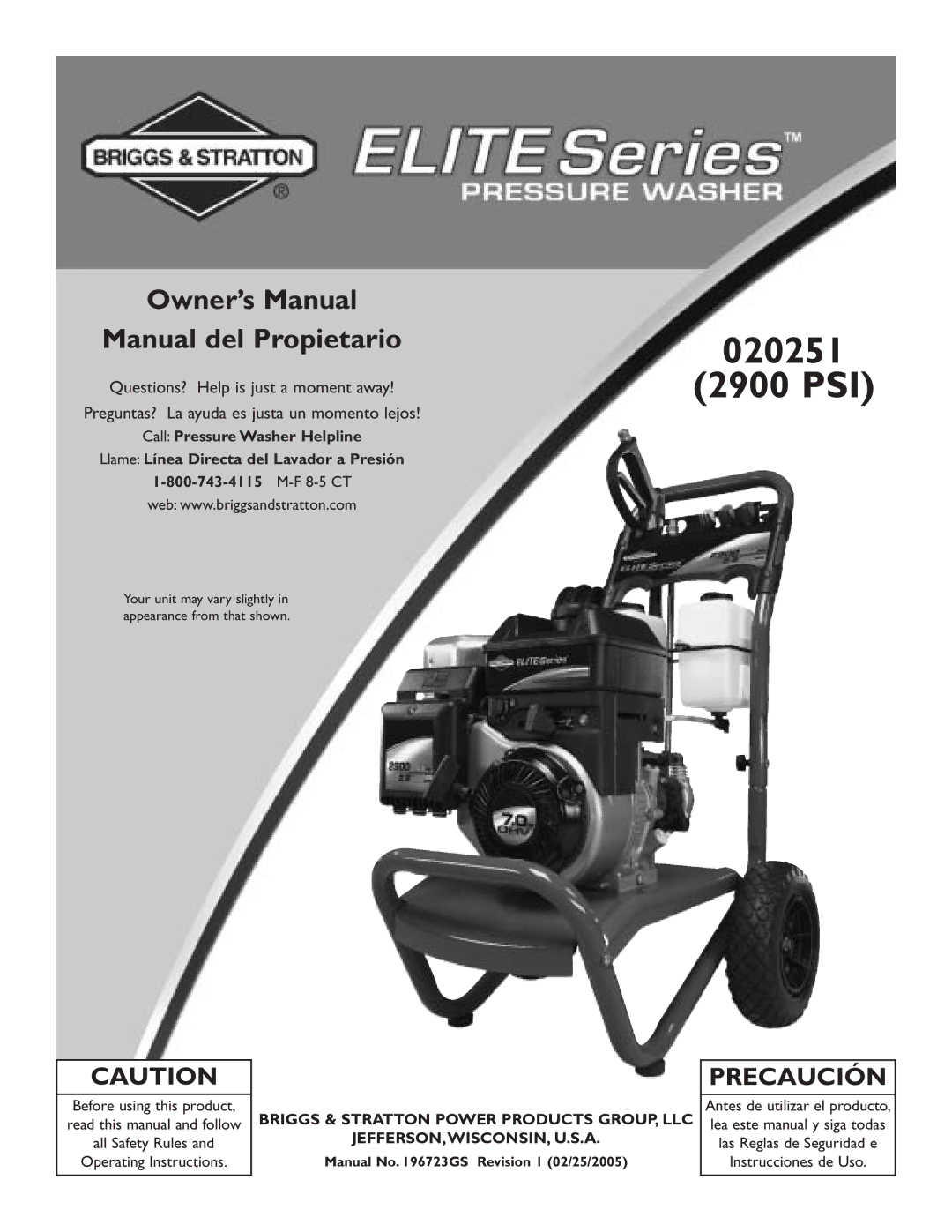 Briggs & Stratton owner manual 020251 2900 PSI 