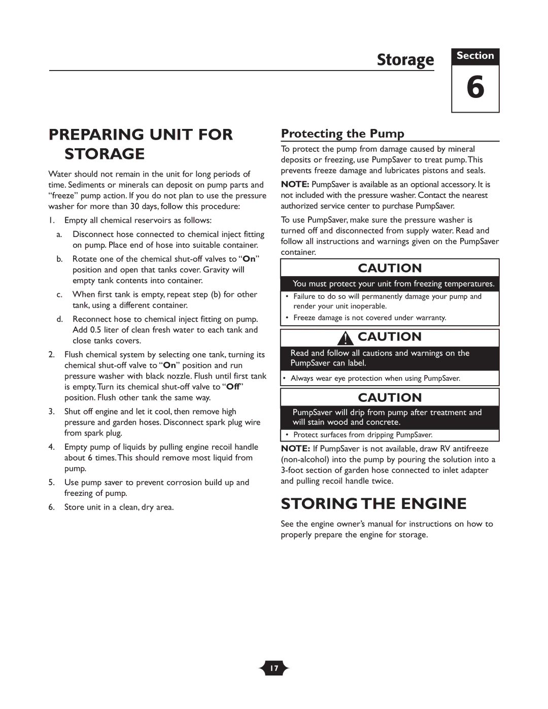 Briggs & Stratton 020251 owner manual Preparing Unit for Storage, Storing the Engine, Protecting the Pump 