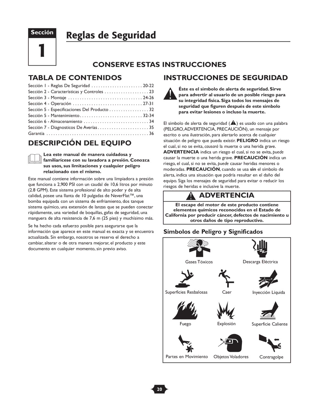 Briggs & Stratton 020251 Reglas de Seguridad, Conserve Estas Instrucciones Tabla DE Contenidos, Descripción DEL Equipo 