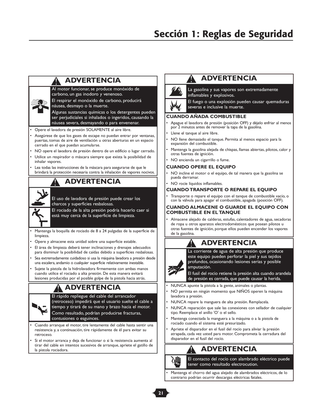 Briggs & Stratton 020251 owner manual Sección 1 Reglas de Seguridad, Cuando Añada Combustible 