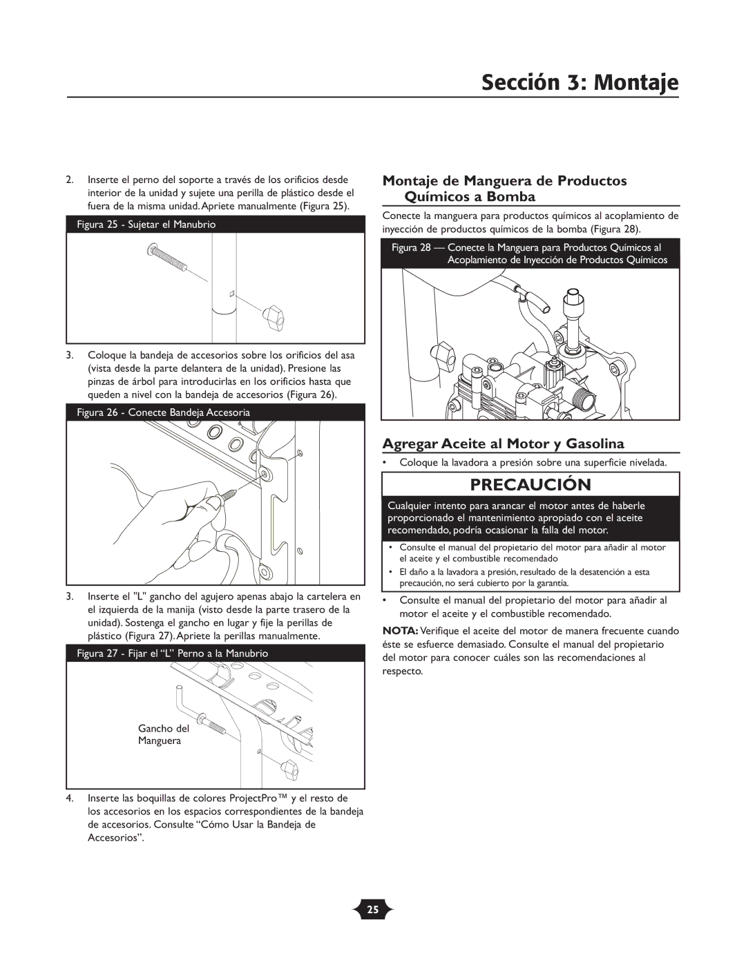Briggs & Stratton 020251 owner manual Sección 3 Montaje, Montaje de Manguera de Productos Químicos a Bomba 