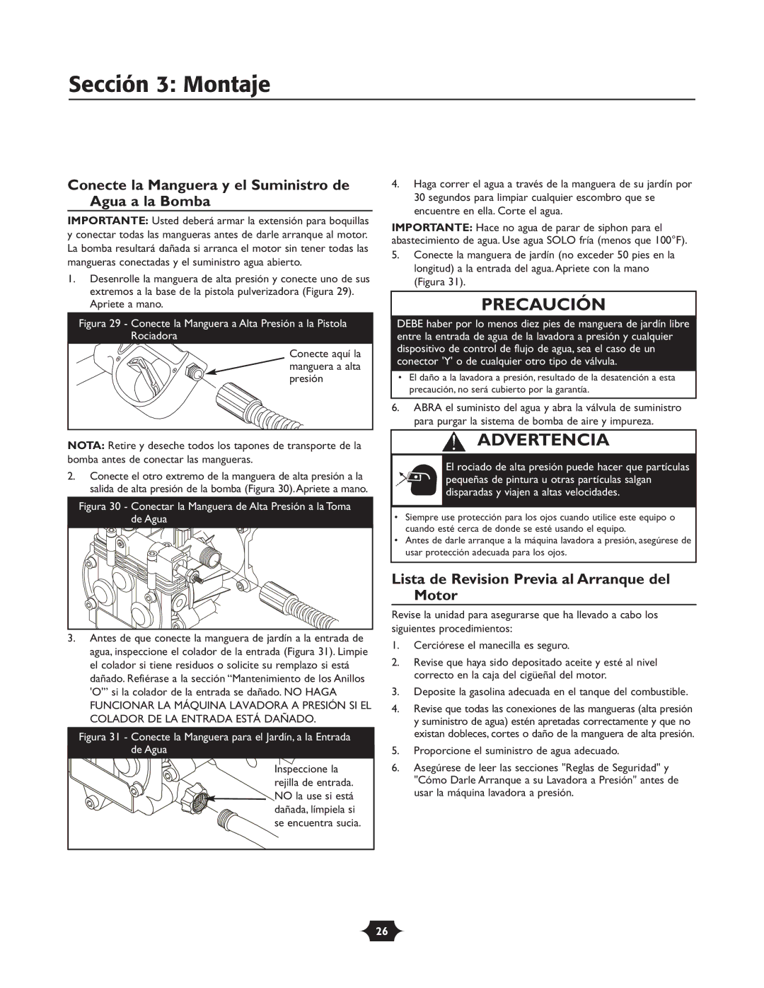 Briggs & Stratton 020251 owner manual Conecte la Manguera y el Suministro de Agua a la Bomba 