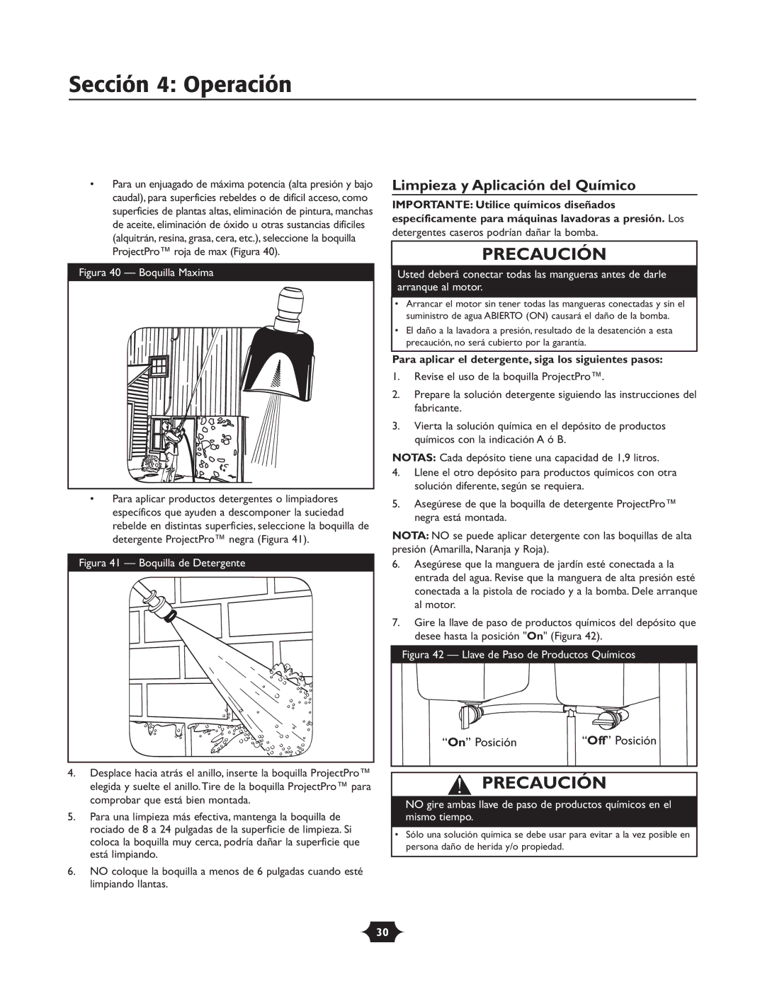 Briggs & Stratton 020251 owner manual Limpieza y Aplicación del Químico, On Posición Off Posición 