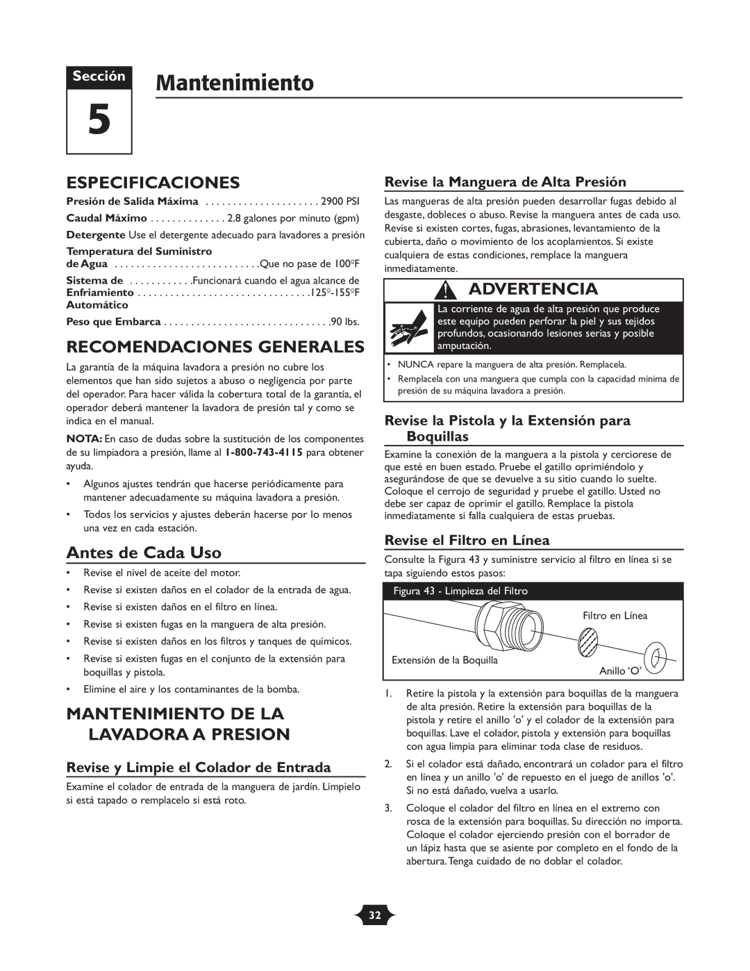 Briggs & Stratton 020251 owner manual Mantenimiento, Especificaciones, Recomendaciones Generales, Antes de Cada Uso 