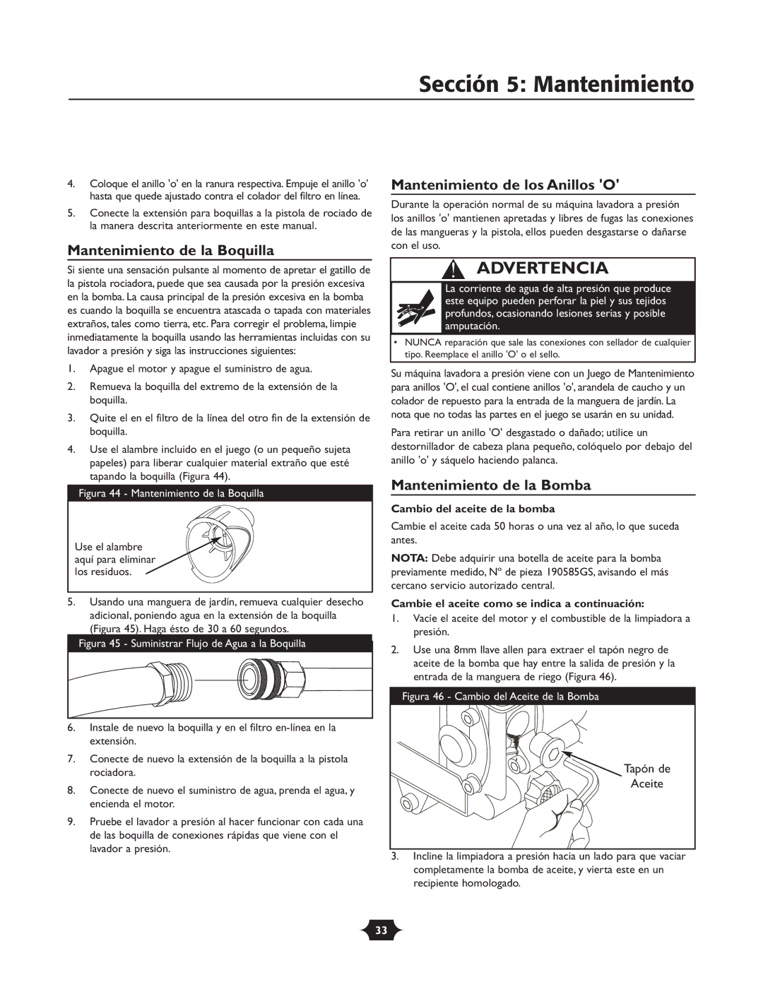 Briggs & Stratton 020251 owner manual Sección 5 Mantenimiento, Mantenimiento de la Boquilla, Mantenimiento de los Anillos O 