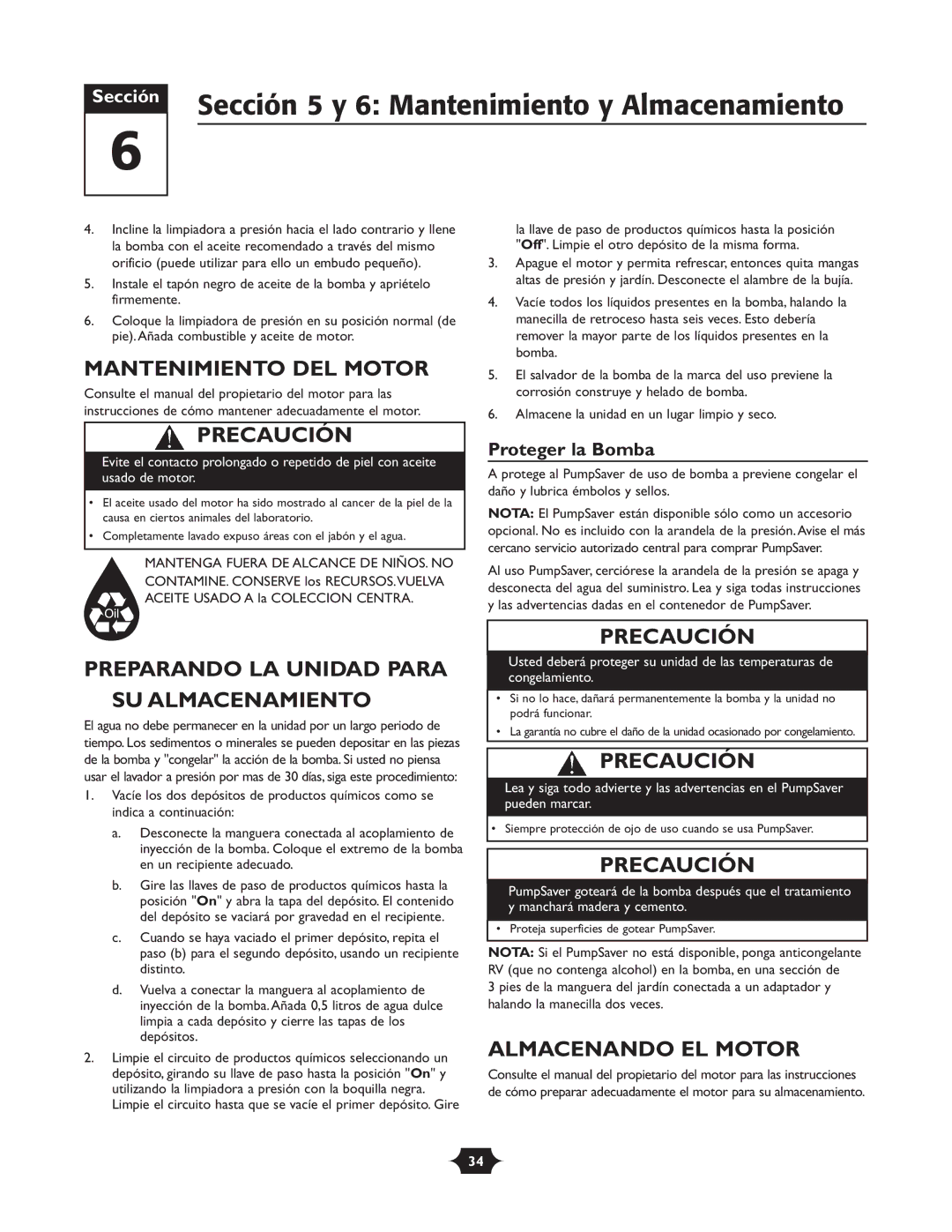 Briggs & Stratton 020251 Sección 5 y 6 Mantenimiento y Almacenamiento, Mantenimiento DEL Motor, Almacenando EL Motor 